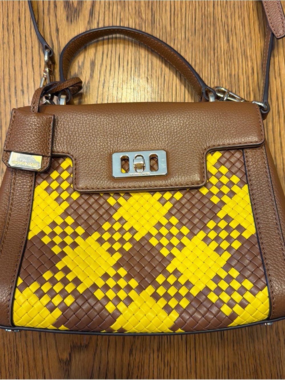 MICHAEL KORS “Karson” Brown and Yellow Woven Leather Top-Handle Crossbody Bag